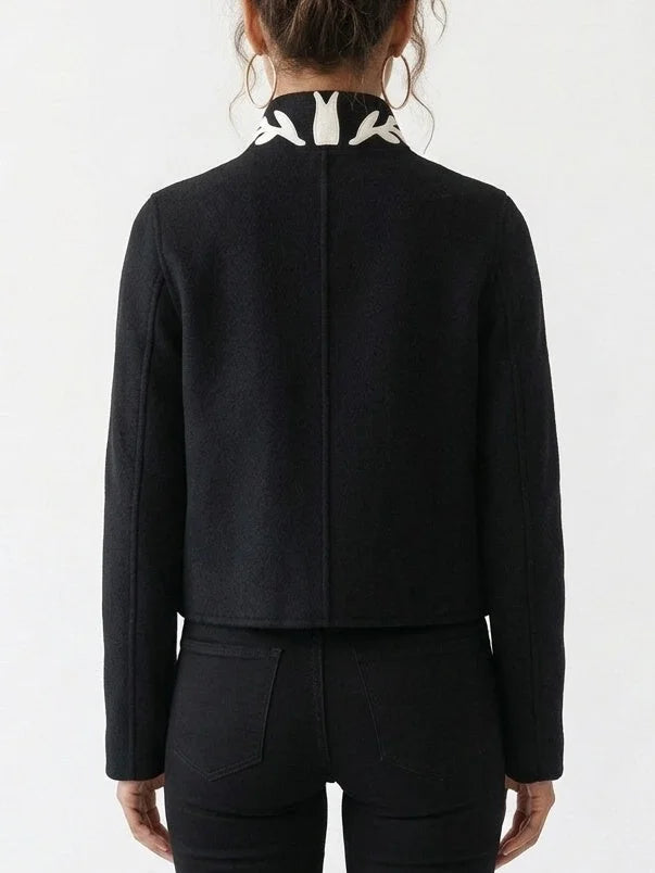 Wool Jacket with Embroidered Contrast Collar - Jackets