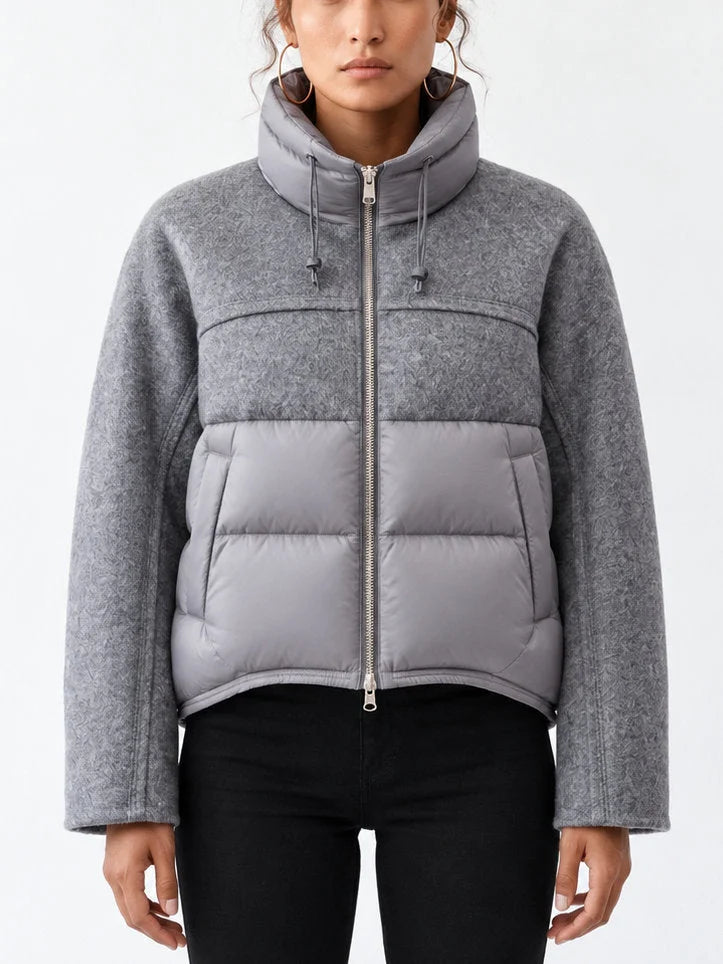 Wool Panel Puffer Jacket with High Collar - Small / Grey - Jackets