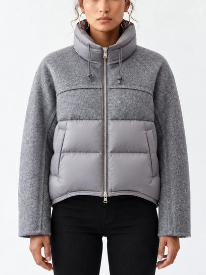 Wool Panel Puffer Jacket with High Collar - Small / Grey - Jackets