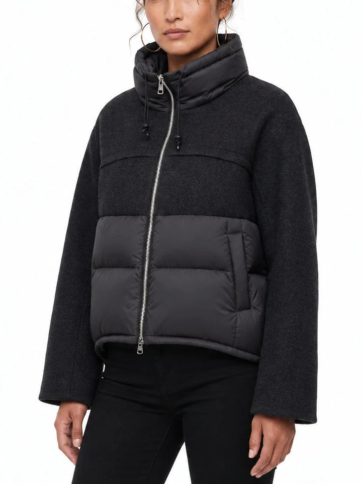 Wool Panel Puffer Jacket with High Collar - Jackets