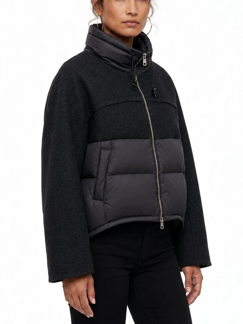 Wool Panel Puffer Jacket with High Collar - Jackets