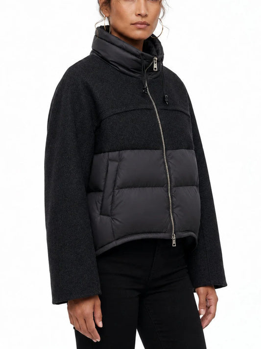 Wool Panel Puffer Jacket with High Collar - Jackets