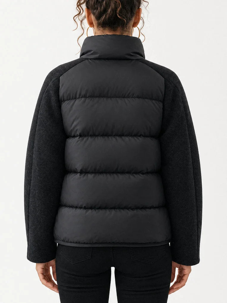 Wool Panel Puffer Jacket with High Collar - Jackets
