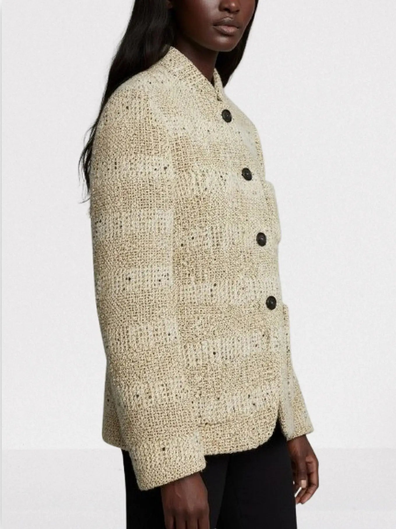 Wool Tweed Jacket with Stand Collar - Jackets