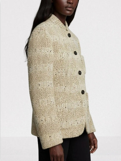 Wool Tweed Jacket with Stand Collar - Jackets