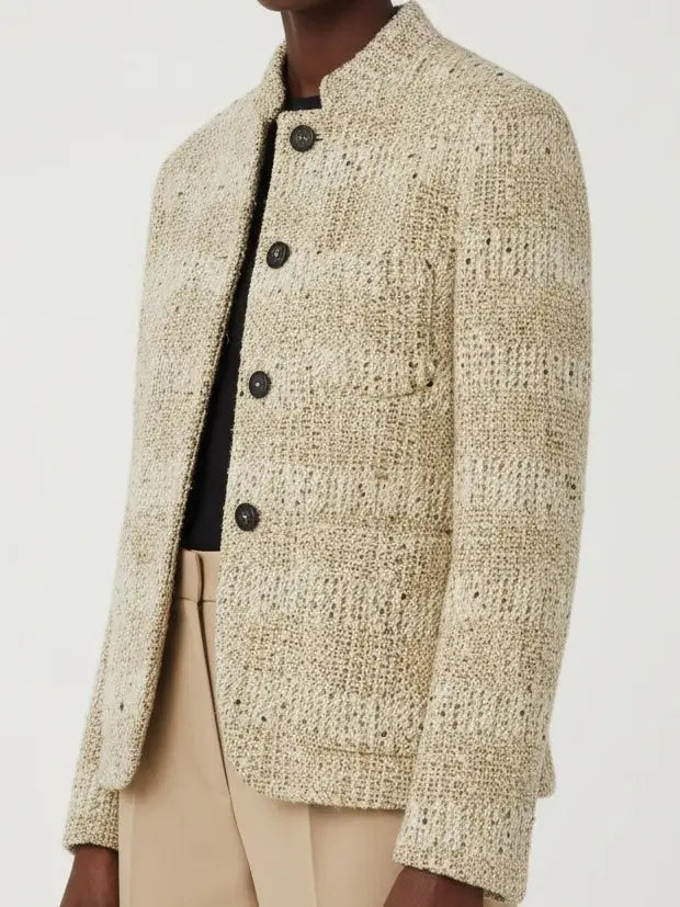 Wool Tweed Jacket with Stand Collar - Jackets