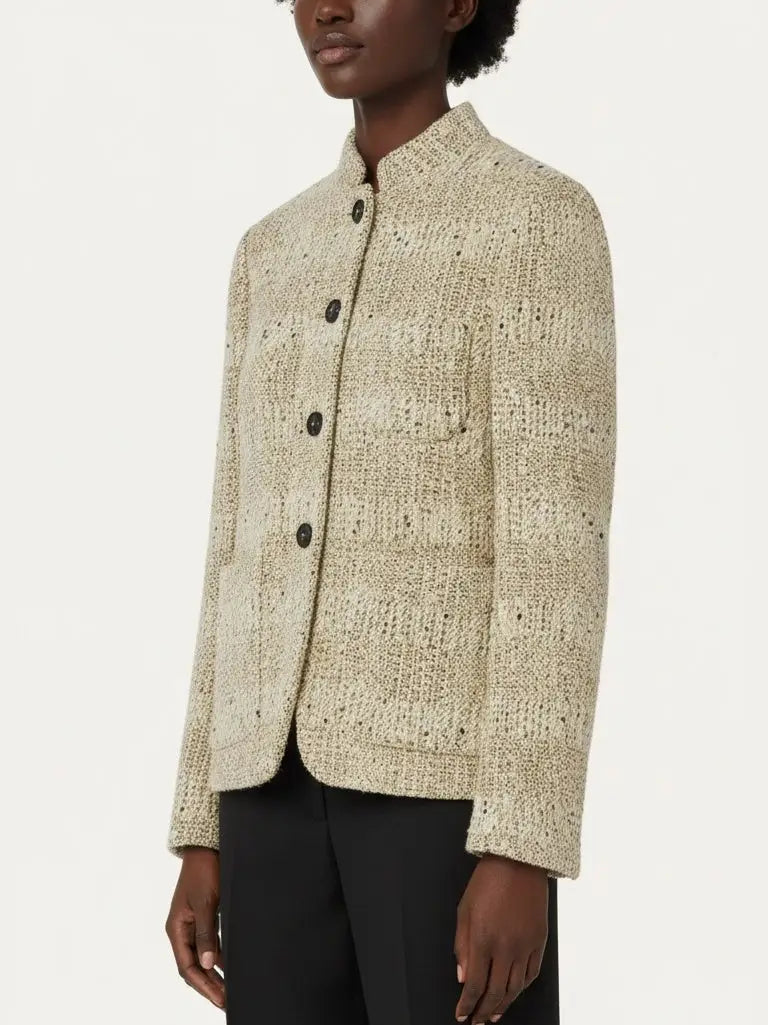 Wool Tweed Jacket with Stand Collar - Jackets