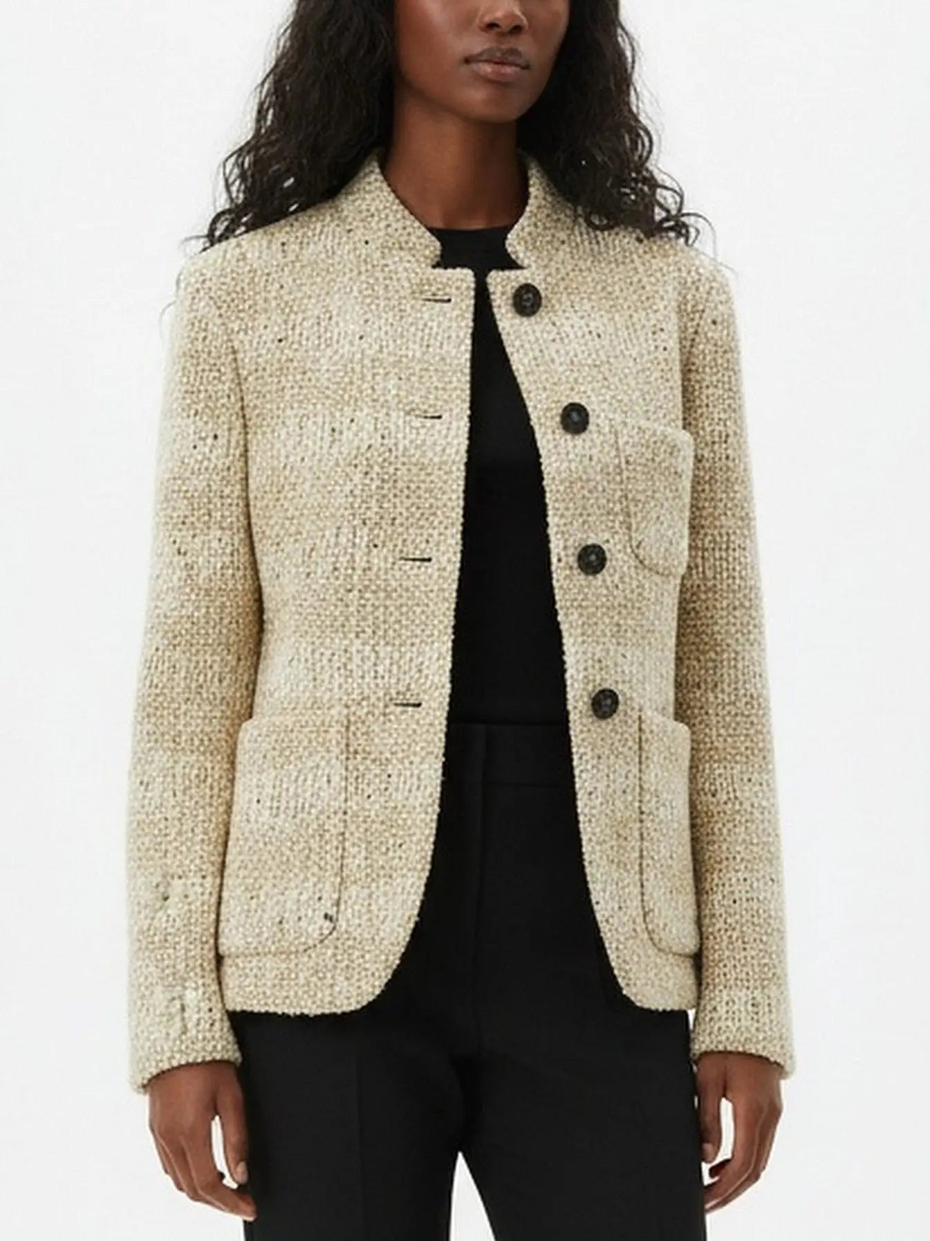 Wool Tweed Jacket with Stand Collar - Jackets