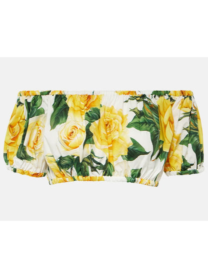 Yellow Rose Print Bardot-Neck Crop Top and Short Circle Skirt - Branna Couture