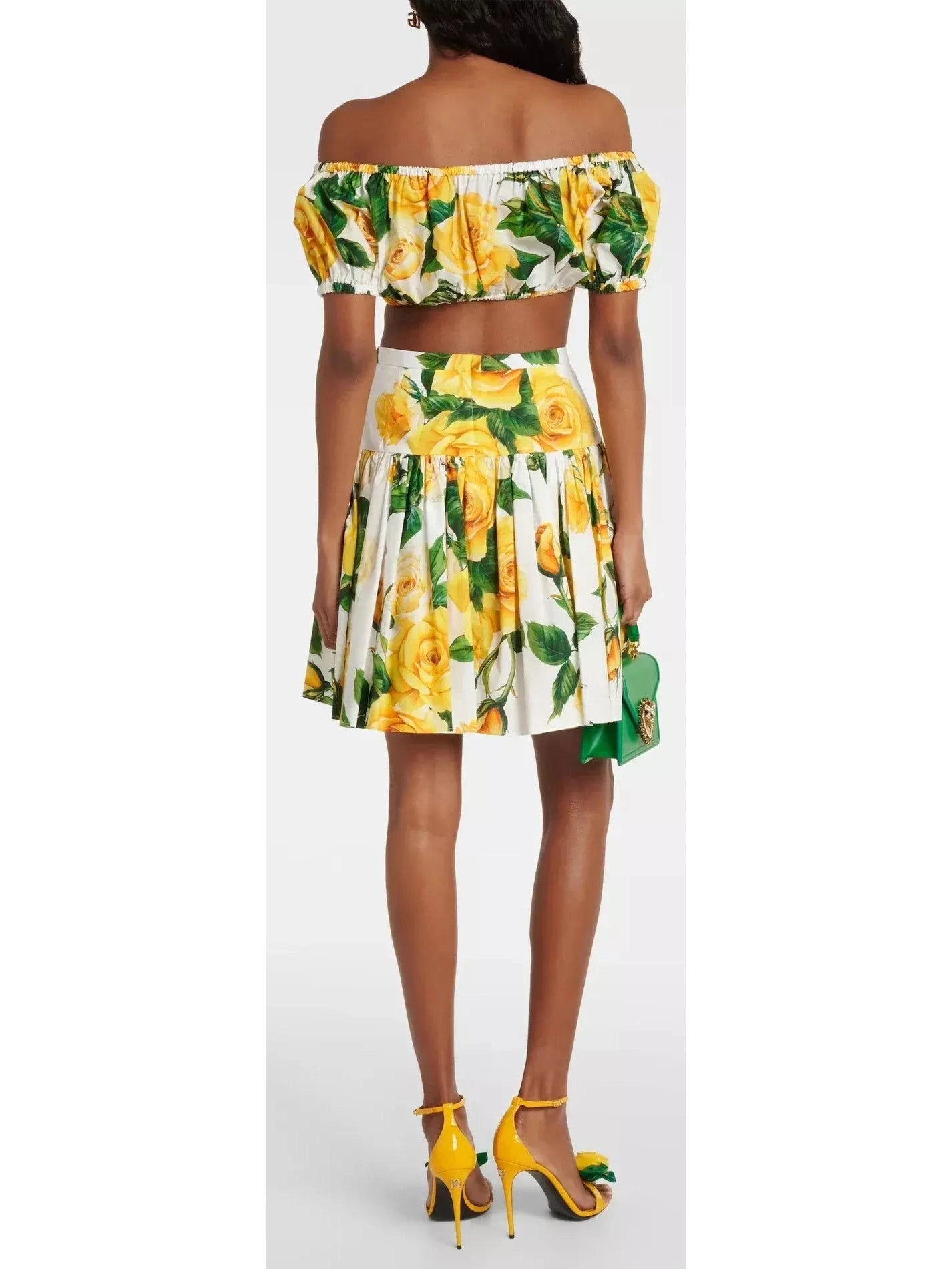 Yellow Rose Print Bardot-Neck Crop Top and Short Circle Skirt - Branna Couture