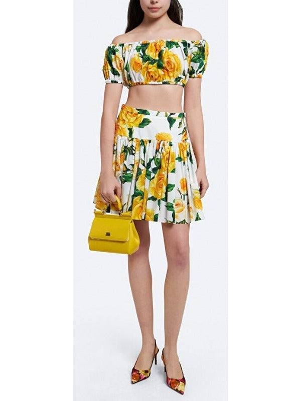 Yellow Rose Print Bardot-Neck Crop Top and Short Circle Skirt - Branna Couture