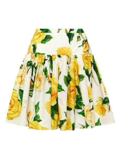 Yellow Rose Print Bardot-Neck Crop Top and Short Circle Skirt - Branna Couture