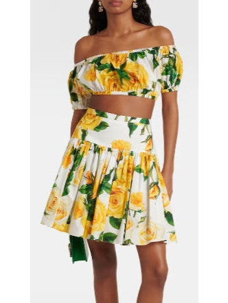 Yellow Rose Print Bardot-Neck Crop Top and Short Circle Skirt - Branna Couture