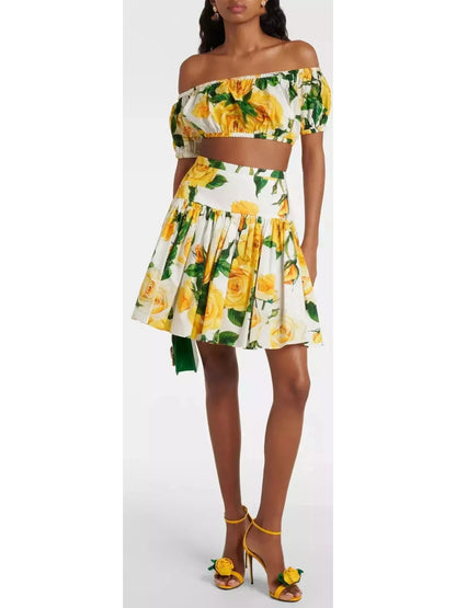 Yellow Rose Print Bardot-Neck Crop Top and Short Circle Skirt - Branna Couture