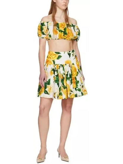 Yellow Rose Print Bardot-Neck Crop Top and Short Circle Skirt - Branna Couture