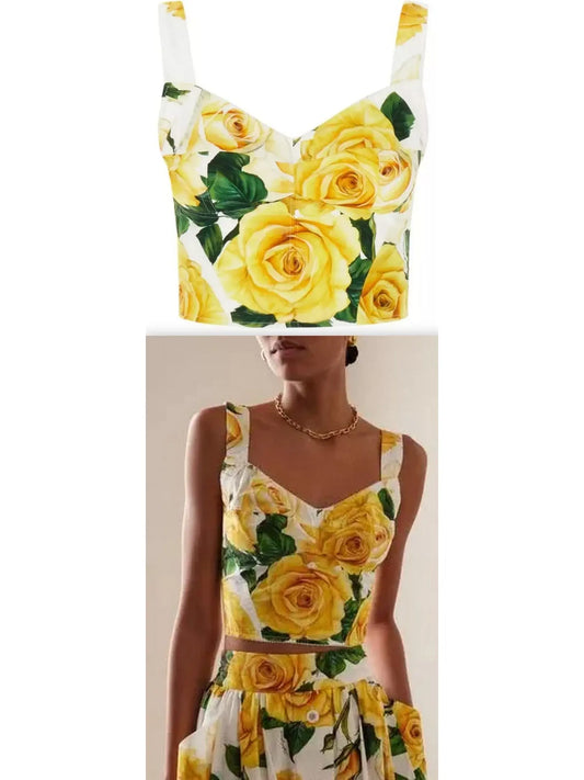 Yellow Rose Print Corset Top - Branna Couture