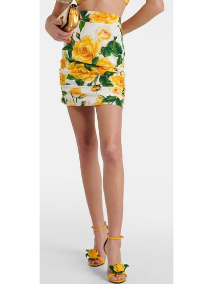 Yellow Rose Print Corset Top and Ruched Mini Skirt Set - Branna Couture