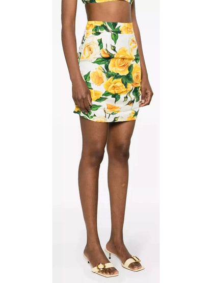 Yellow Rose Print Corset Top and Ruched Mini Skirt Set - Branna Couture