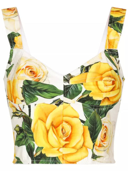 Yellow Rose Print Corset Top and Ruched Mini Skirt Set - Branna Couture