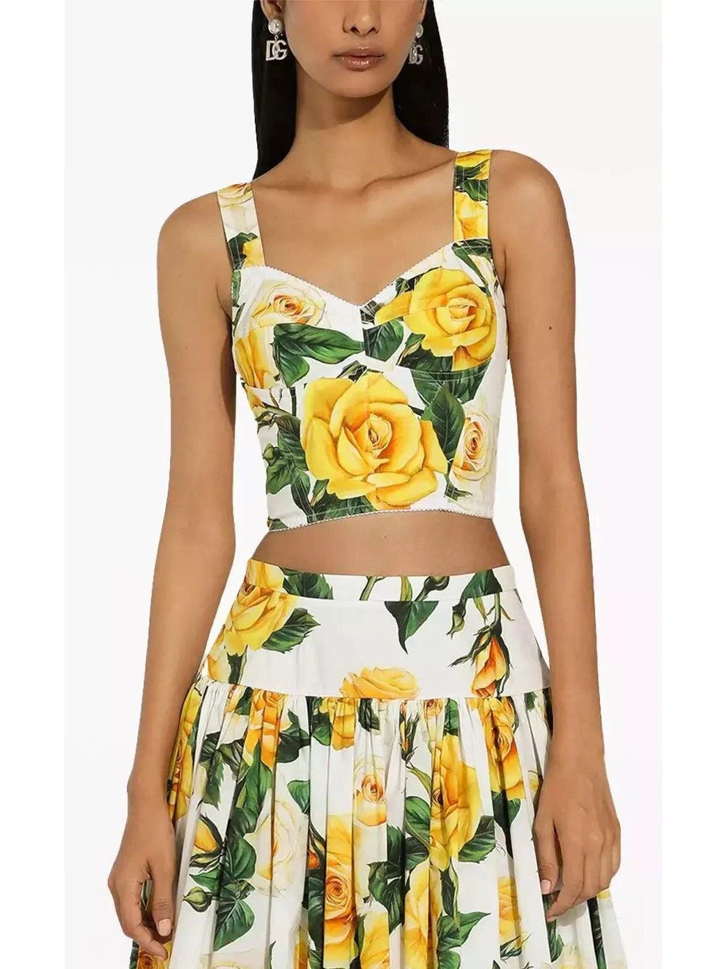 Yellow Rose Print Corset Top and Ruched Mini Skirt Set - Branna Couture