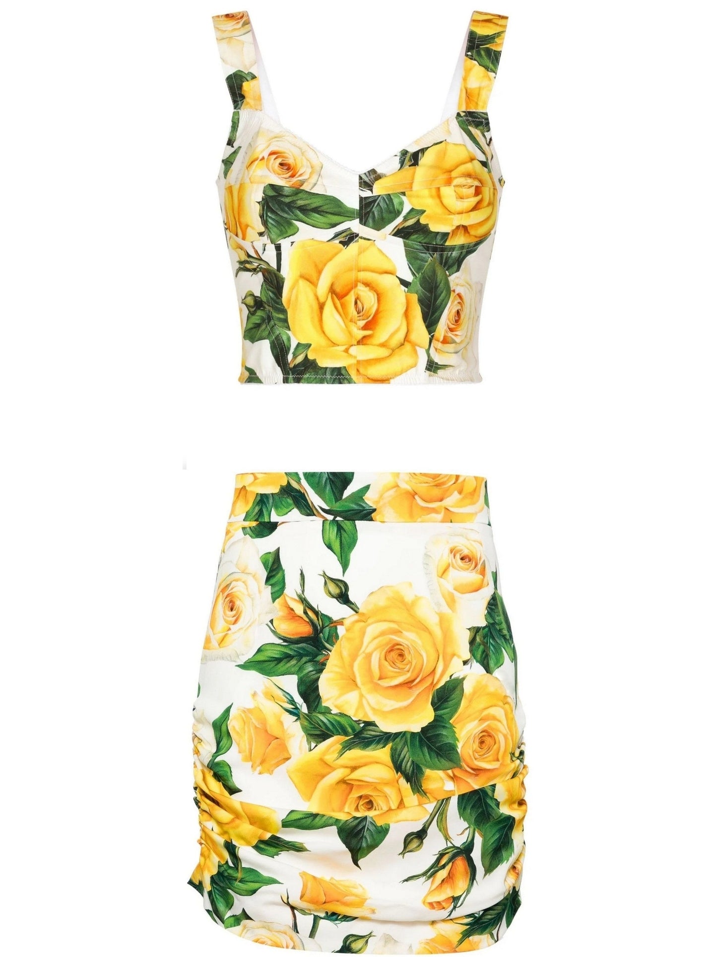 Yellow Rose Print Corset Top and Ruched Mini Skirt Set - Branna Couture