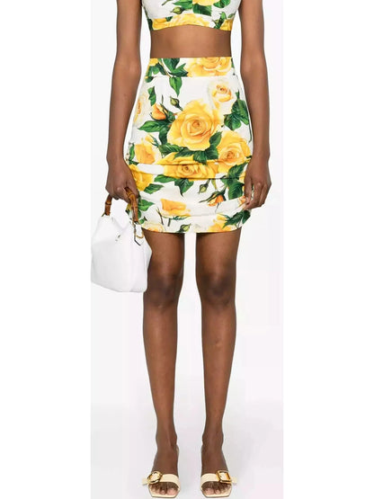 Yellow Rose Print Corset Top and Ruched Mini Skirt Set - Branna Couture