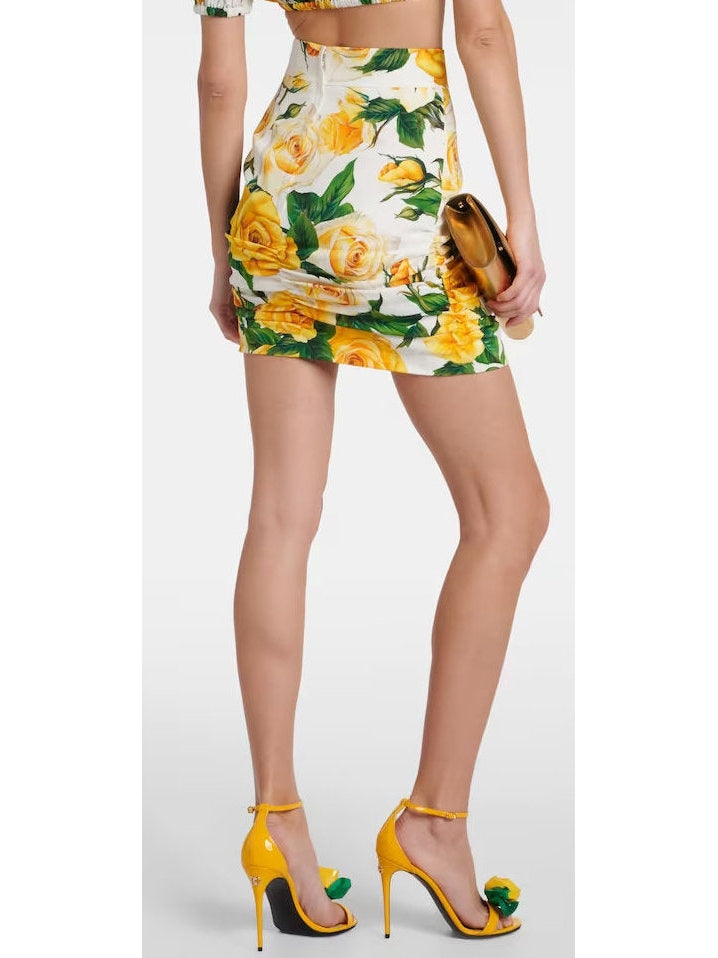 Yellow Rose Print Corset Top and Ruched Mini Skirt Set - Branna Couture