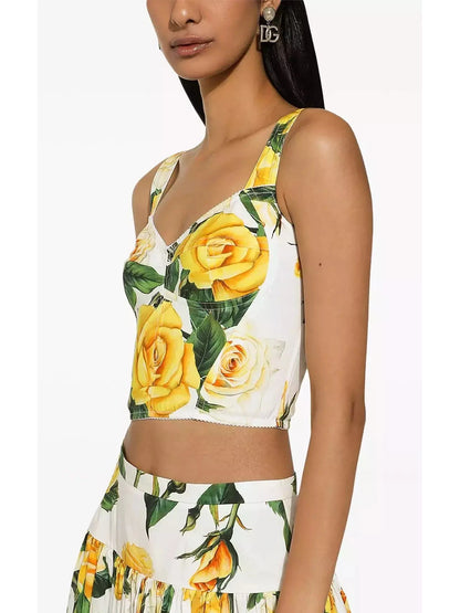 Yellow Rose Print Corset Top and Ruched Mini Skirt Set - Branna Couture