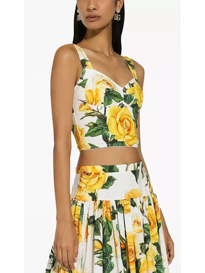 Yellow Rose Print Corset Top and Ruched Mini Skirt Set - Branna Couture