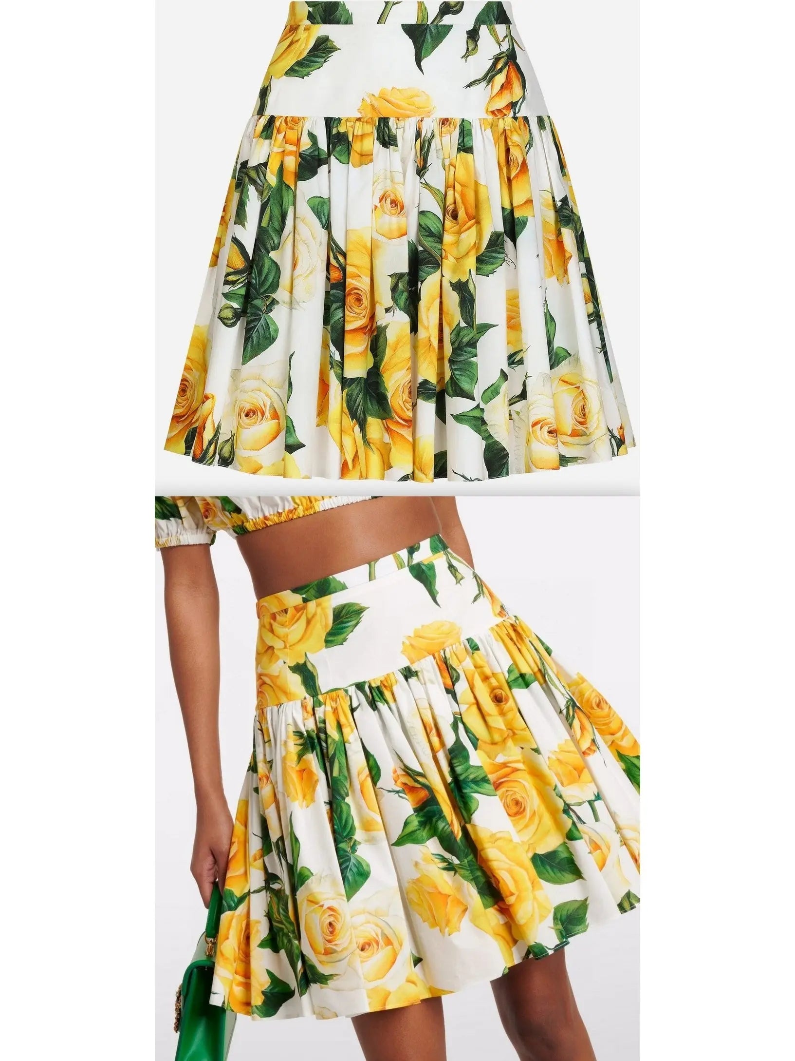 Yellow Rose Print Cotton Short Circle Skirt - Branna Couture