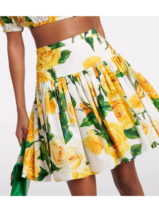 Yellow Rose Print Cotton Short Circle Skirt - Branna Couture