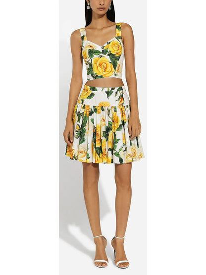 Yellow Rose Print Cotton Short Circle Skirt - Branna Couture