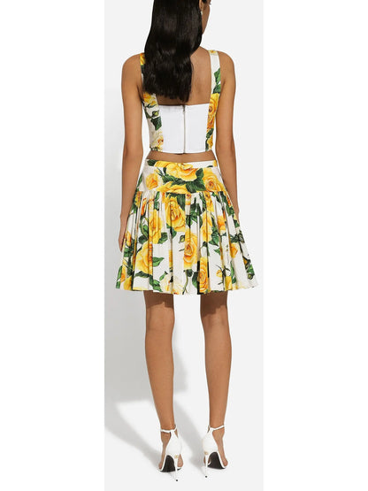 Yellow Rose Print Cotton Short Circle Skirt - Branna Couture