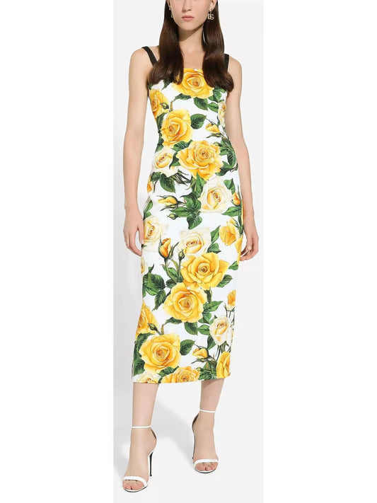 Yellow Rose Print Draped Silk Charmeuse Dress - Branna Couture