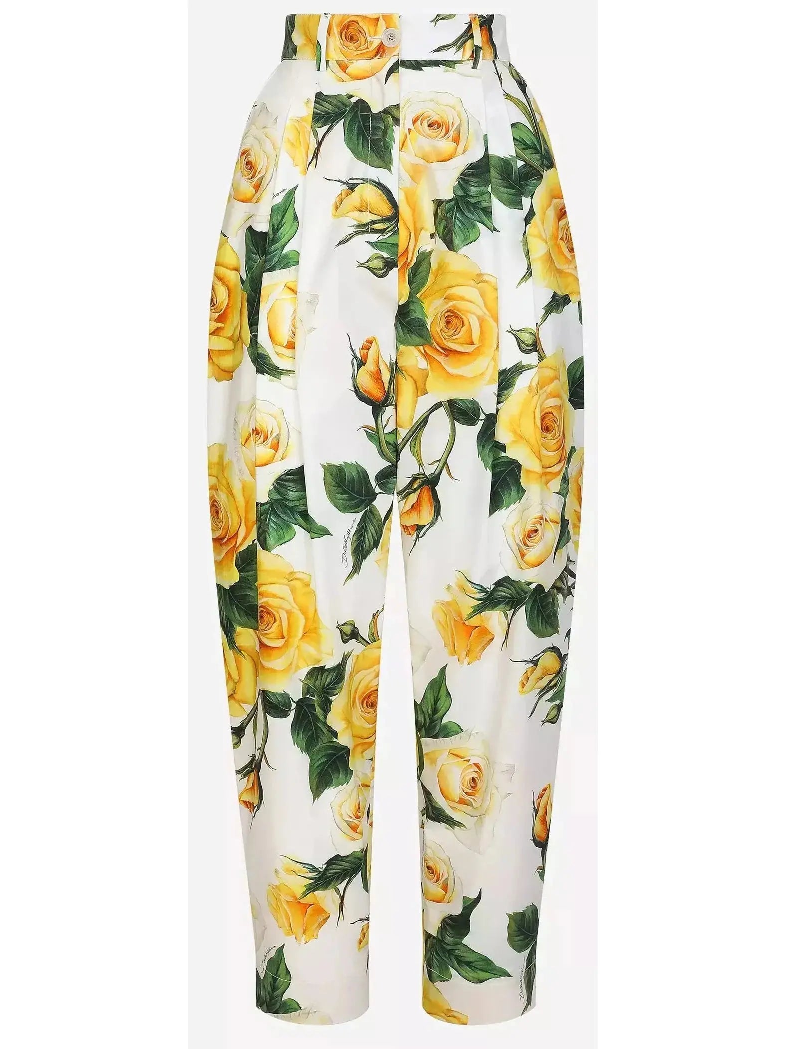 Yellow Rose Print High-Waist Cotton Pants - Branna Couture