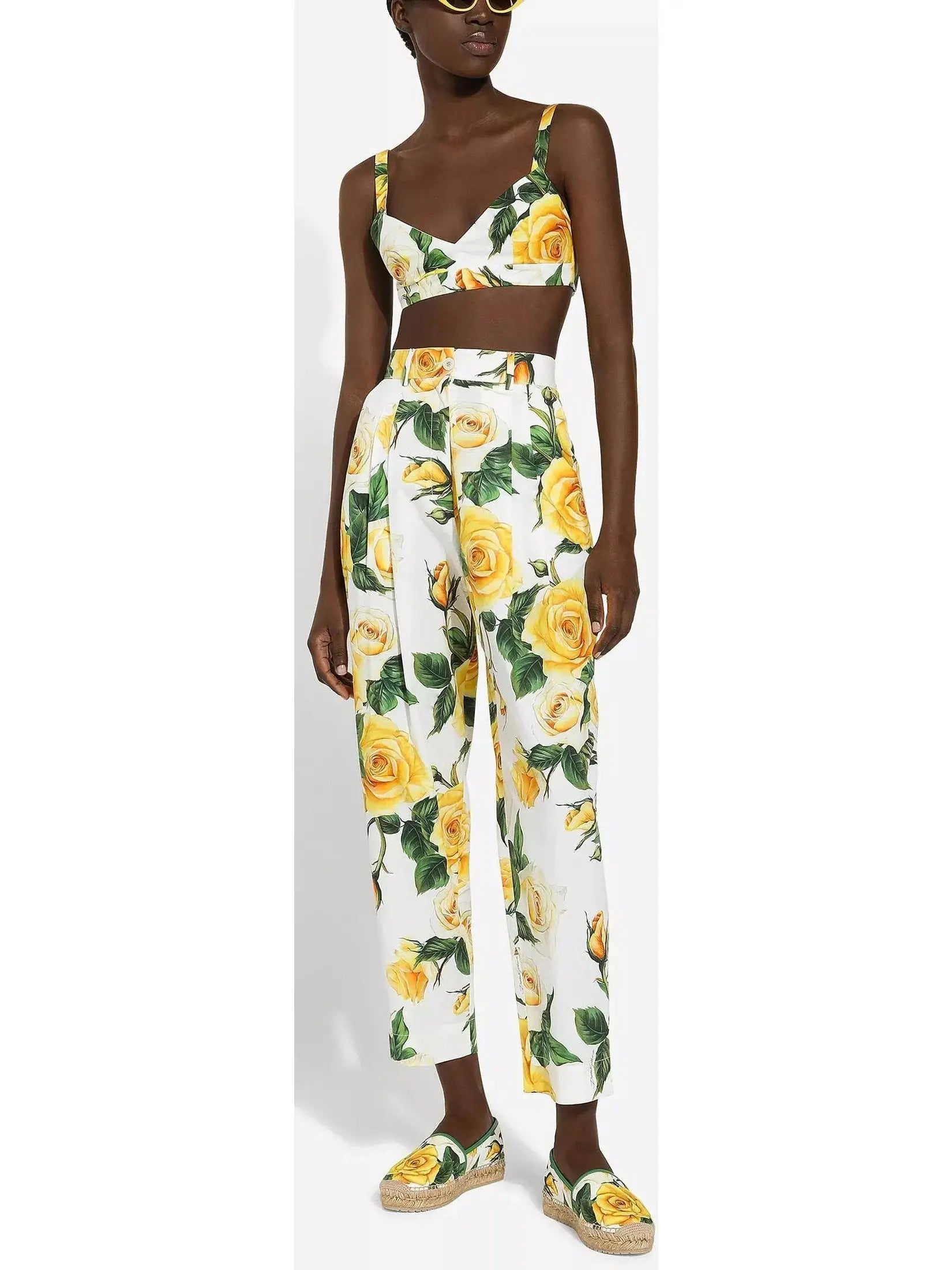 Yellow Rose Print High-Waist Cotton Pants - Branna Couture