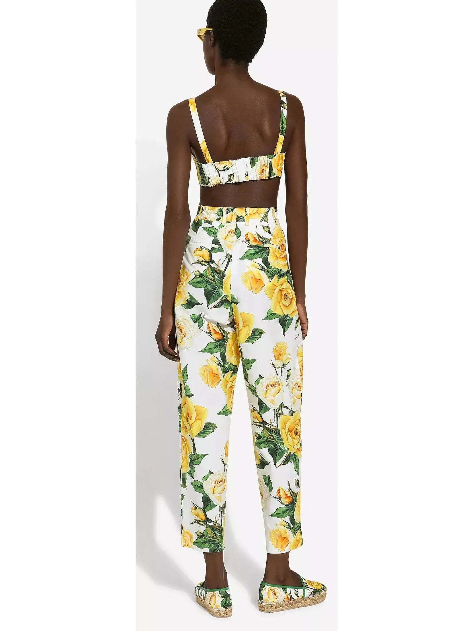 Yellow Rose Print High-Waist Cotton Pants - Branna Couture