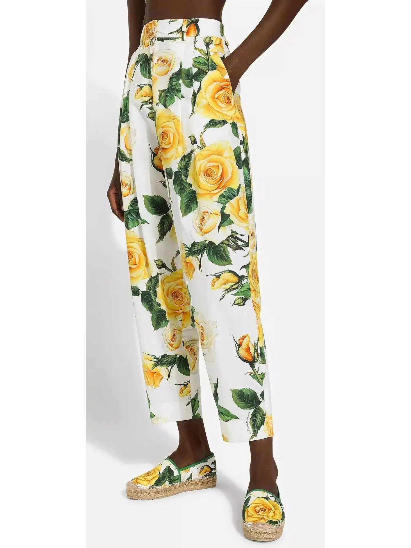 Yellow Rose Print High-Waist Cotton Pants - Branna Couture