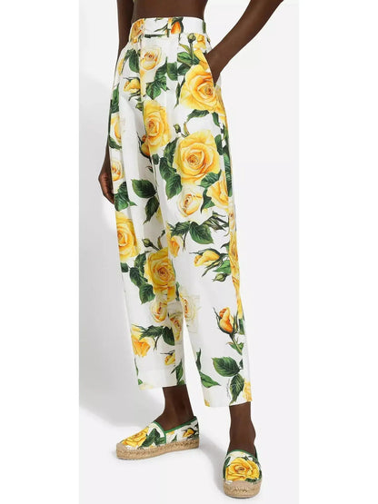 Yellow Rose Print High-Waist Cotton Pants - Branna Couture