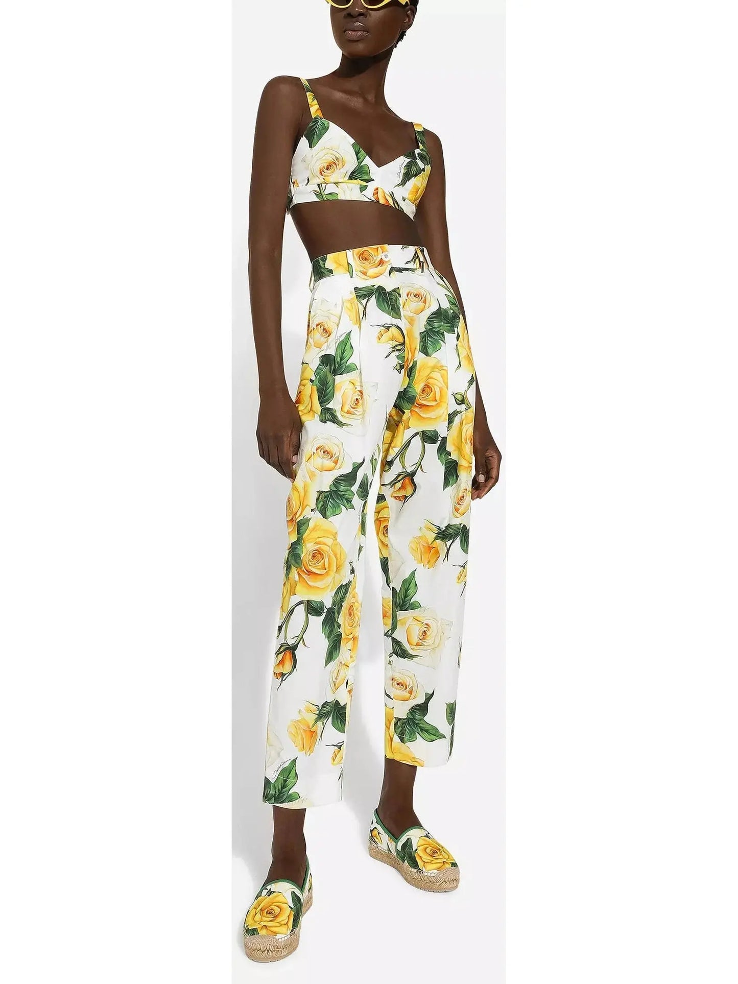 Yellow Rose Print High-Waist Cotton Pants - Branna Couture