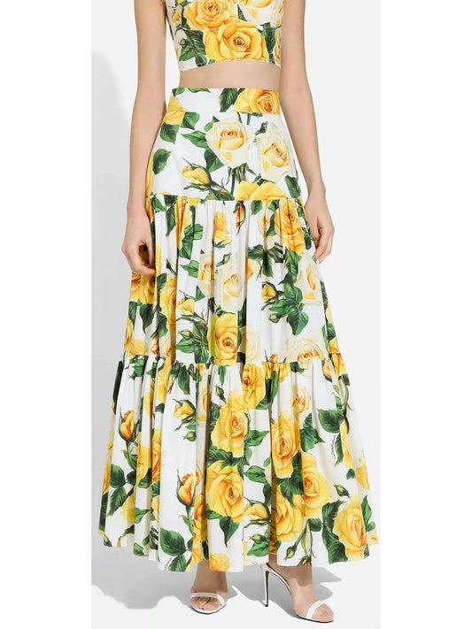 Yellow Rose Print Long Ruffled Skirt - Branna Couture