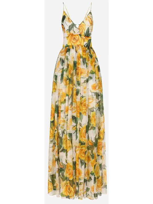 Yellow Rose Print Long Silk Chiffon Dress - Branna Couture