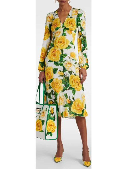 Yellow Rose Print Mid-Length Dress - Branna Couture