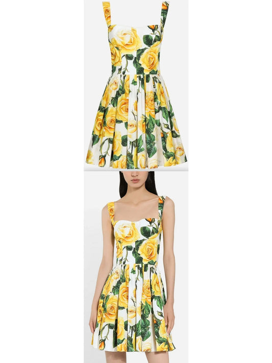 Yellow Rose Print Short Cotton Dress - Branna Couture