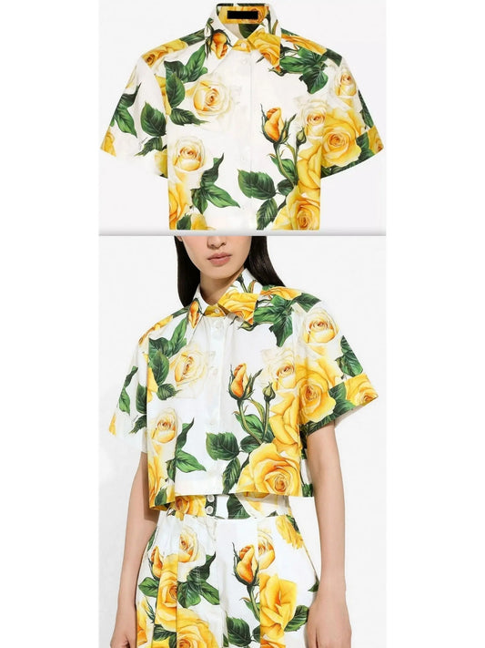 Yellow Rose Print Short Cotton Shirt - Branna Couture