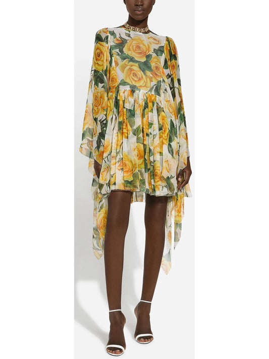 Yellow Rose Print Short Silk Chiffon Dress - Branna Couture