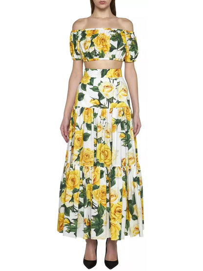 Yellow Rose Printed Bardot-Neck Crop Top and Long Skirt Set - Branna Couture