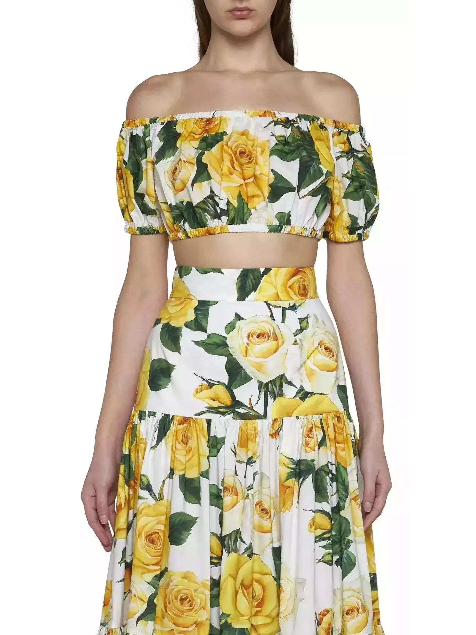 Yellow Rose Printed Bardot-Neck Crop Top and Long Skirt Set - Branna Couture