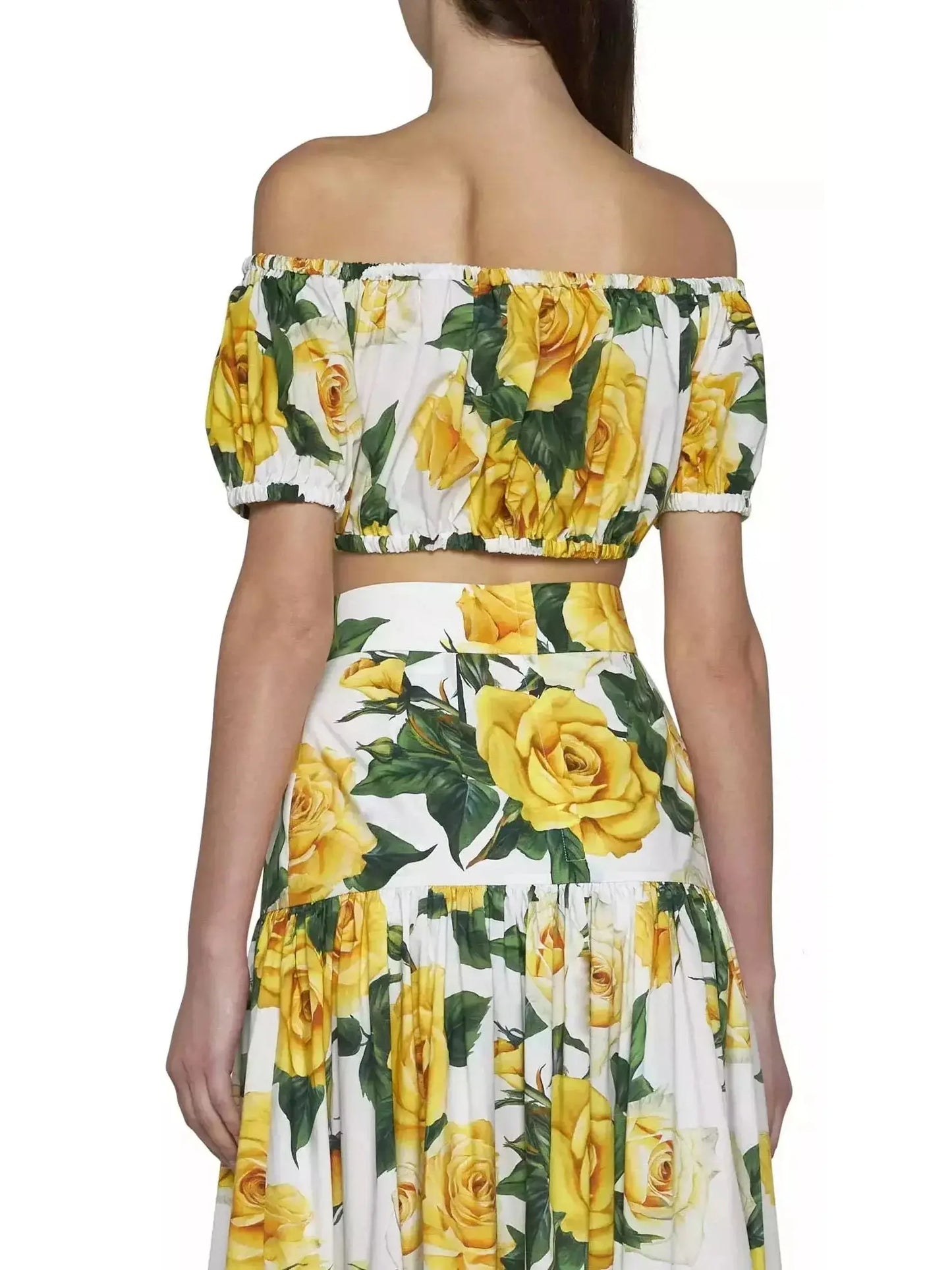 Yellow Rose Printed Bardot-Neck Crop Top and Long Skirt Set - Branna Couture