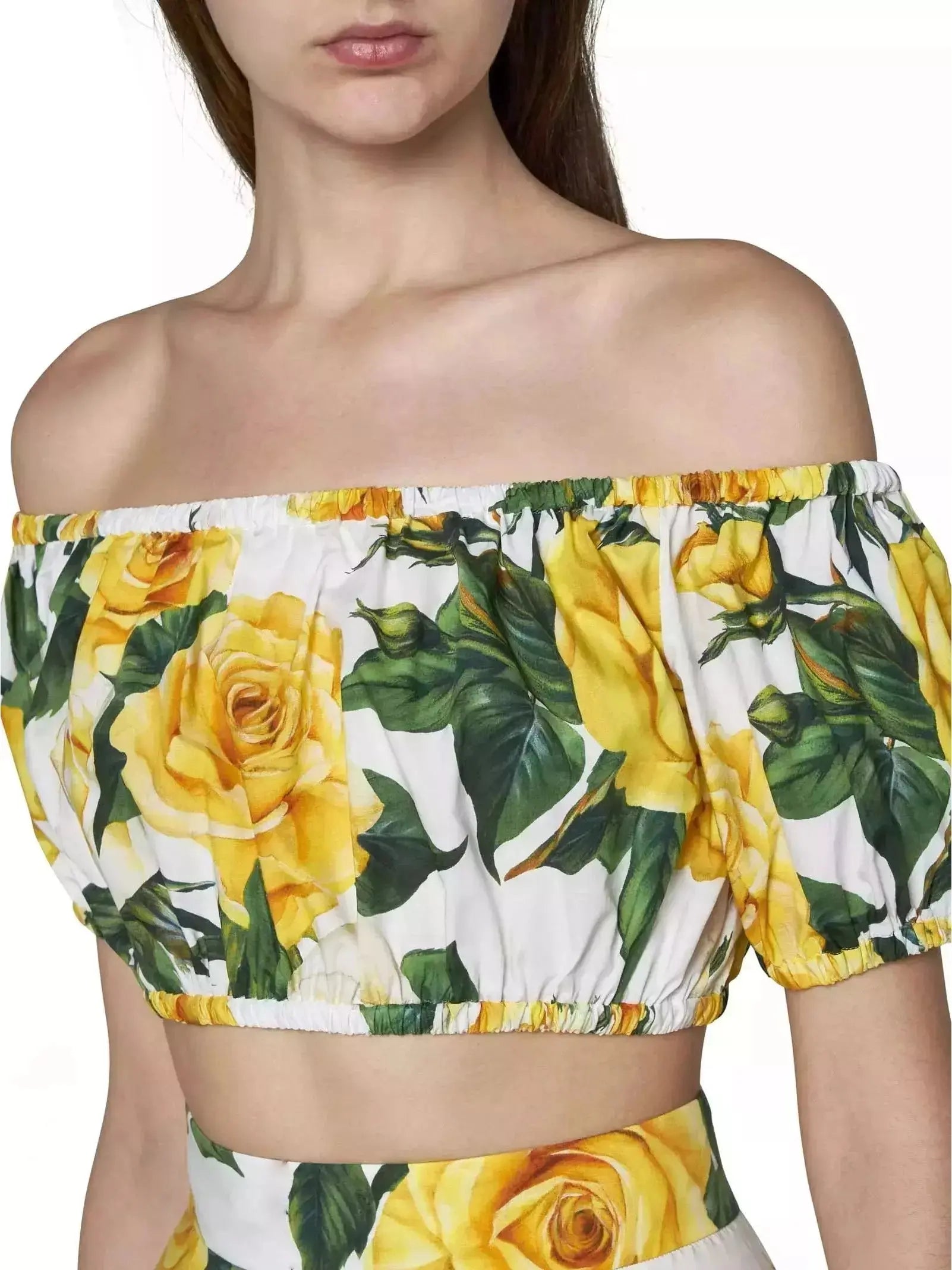 Yellow Rose Printed Bardot-Neck Crop Top and Long Skirt Set - Branna Couture